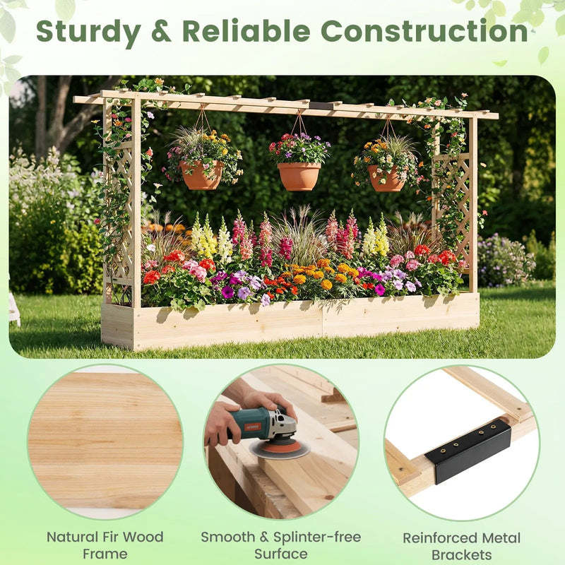 45 Inch Tall Wooden Raised Garden Bed with Side Trellis and Hanging Roof Drainage Holes by DirectDeals