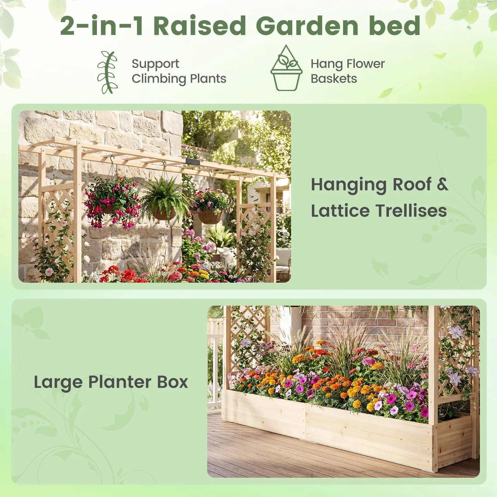 45 Inch Tall Wooden Raised Garden Bed with Side Trellis and Hanging Roof Drainage Holes by DirectDeals