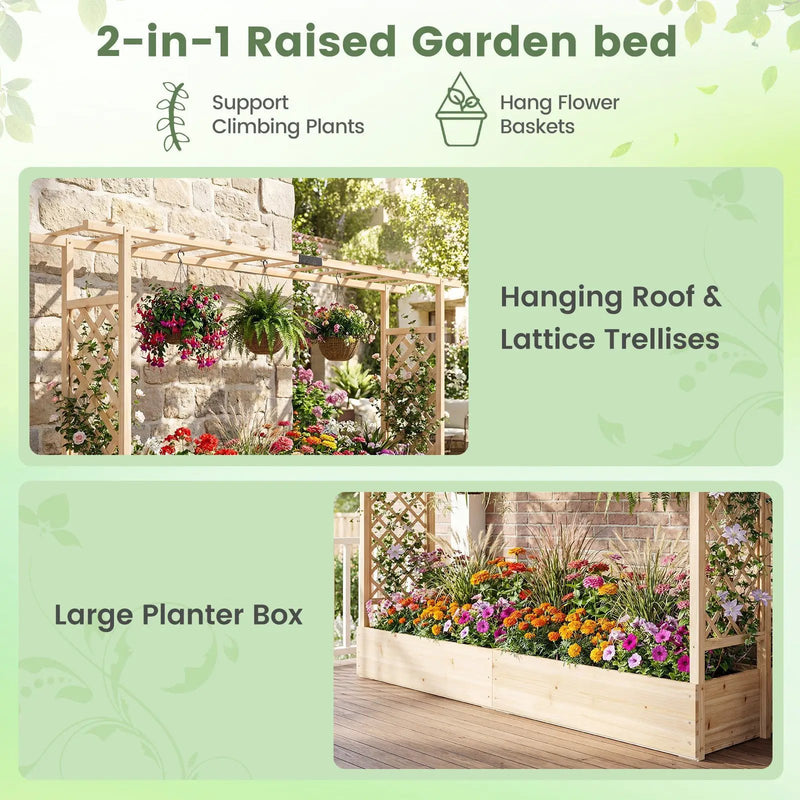 45 Inch Tall Wooden Raised Garden Bed with Side Trellis and Hanging Roof Drainage Holes by DirectDeals