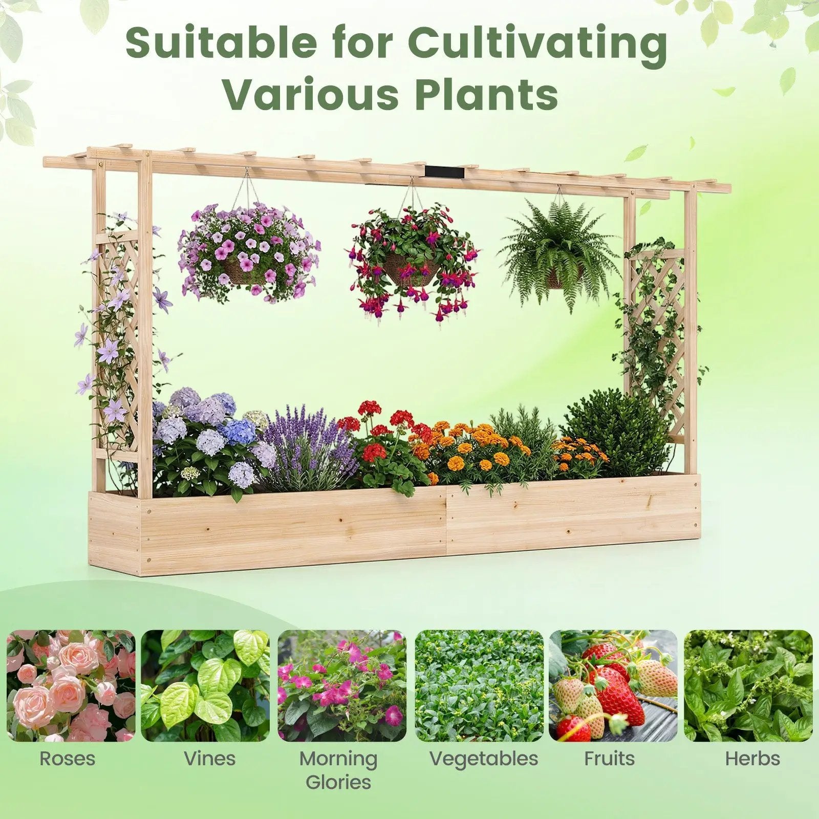 45 Inch Tall Wooden Raised Garden Bed with Side Trellis and Hanging Roof Drainage Holes by DirectDeals