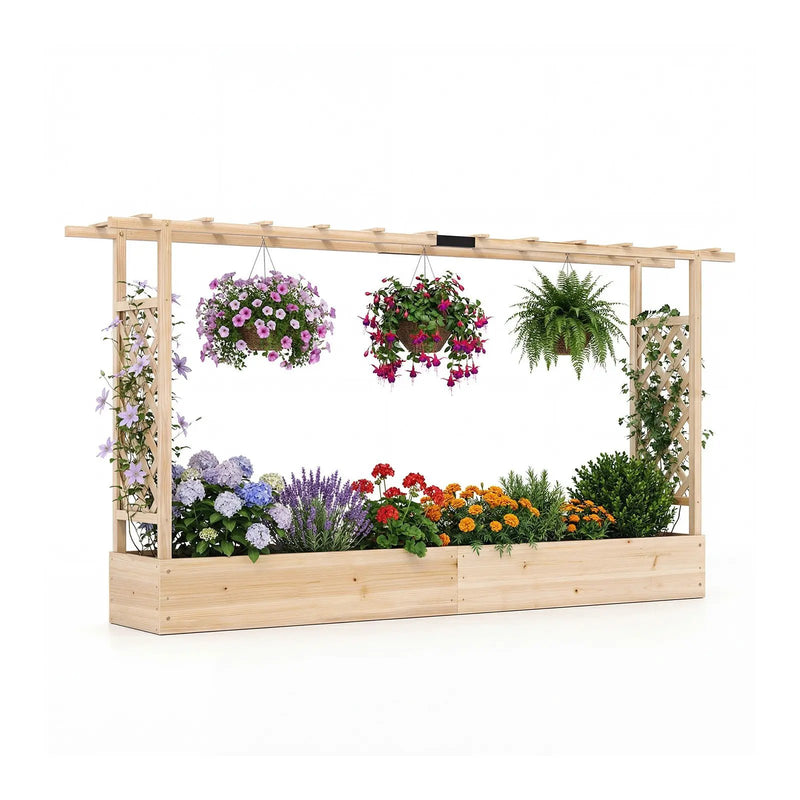 45 Inch Tall Wooden Raised Garden Bed with Side Trellis and Hanging Roof Drainage Holes by DirectDeals