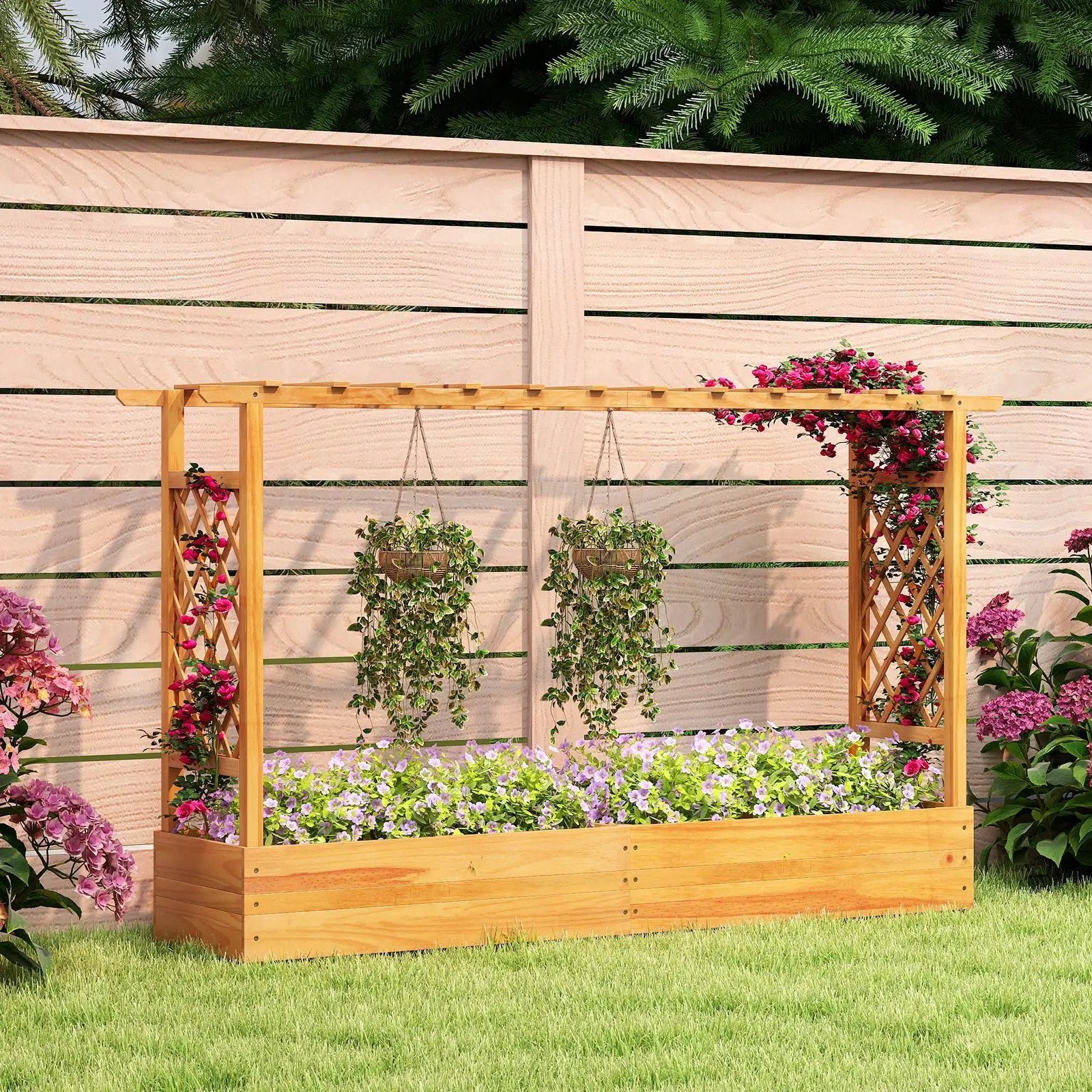 45 Inch Wooden Raised Garden Bed with Lattice Trellis for Outdoor-Natural by DirectDeals