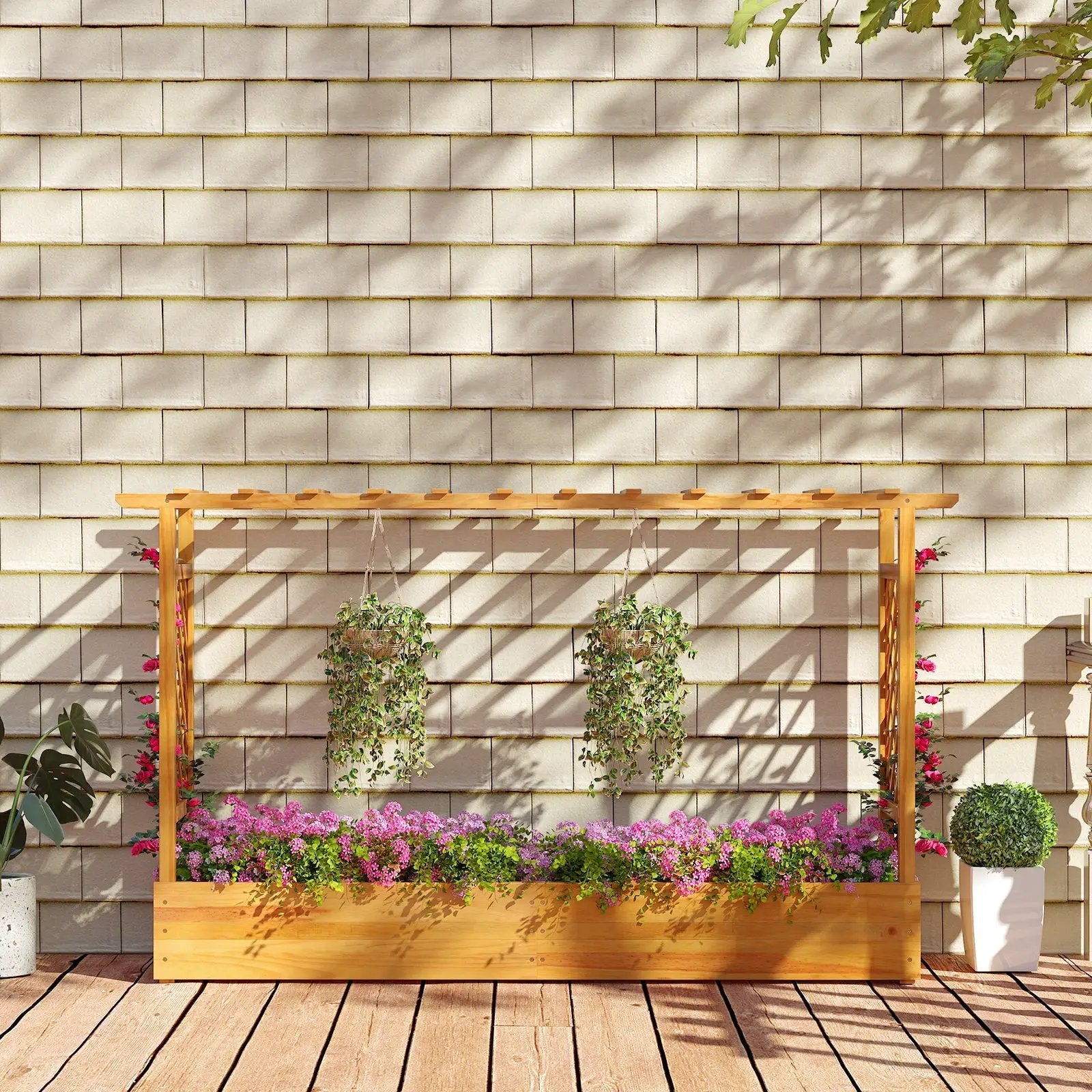 45 Inch Wooden Raised Garden Bed with Lattice Trellis for Outdoor-Natural by DirectDeals