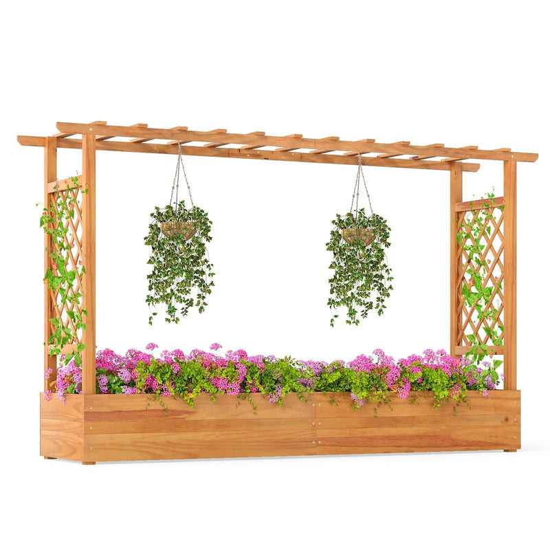 45 Inch Wooden Raised Garden Bed with Lattice Trellis for Outdoor-Natural by DirectDeals
