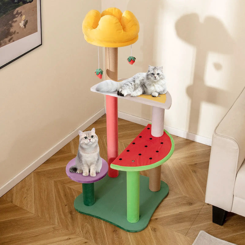 45 Inch Multi-Level Cat Tree with Plush Padded Top Perch and Fruit-Shaped Platforms by DirectDeals