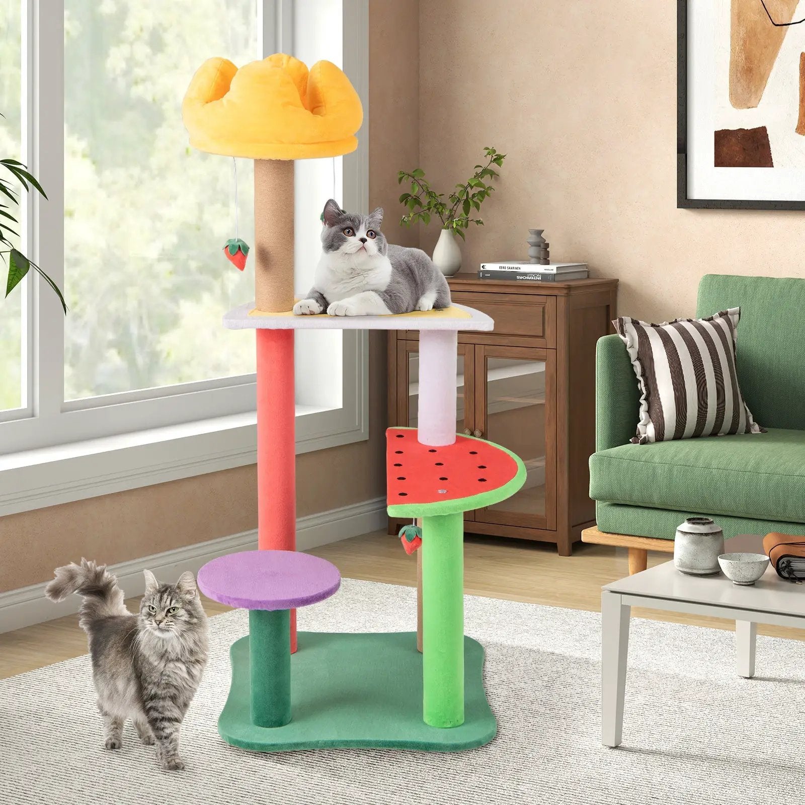 45 Inch Multi-Level Cat Tree with Plush Padded Top Perch and Fruit-Shaped Platforms by DirectDeals