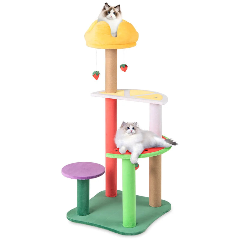 45 Inch Multi-Level Cat Tree with Plush Padded Top Perch and Fruit-Shaped Platforms by DirectDeals