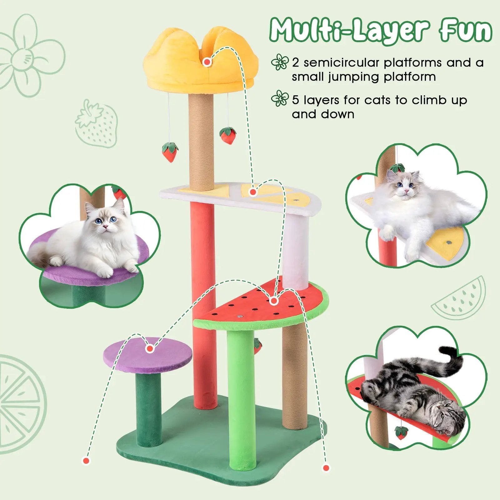 45 Inch Multi-Level Cat Tree with Plush Padded Top Perch and Fruit-Shaped Platforms by DirectDeals