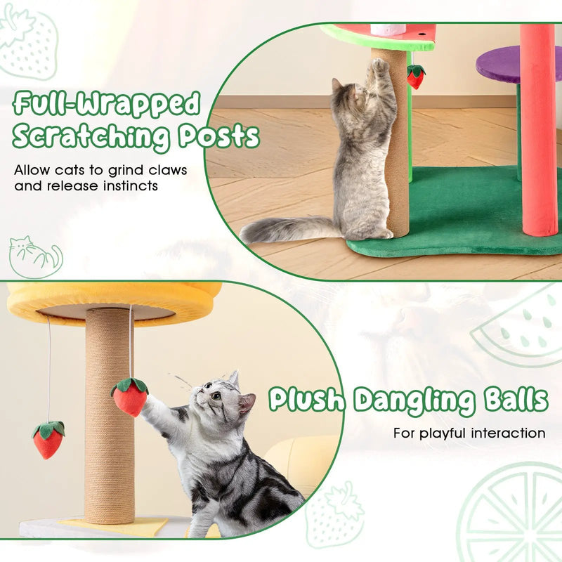 45 Inch Multi-Level Cat Tree with Plush Padded Top Perch and Fruit-Shaped Platforms by DirectDeals