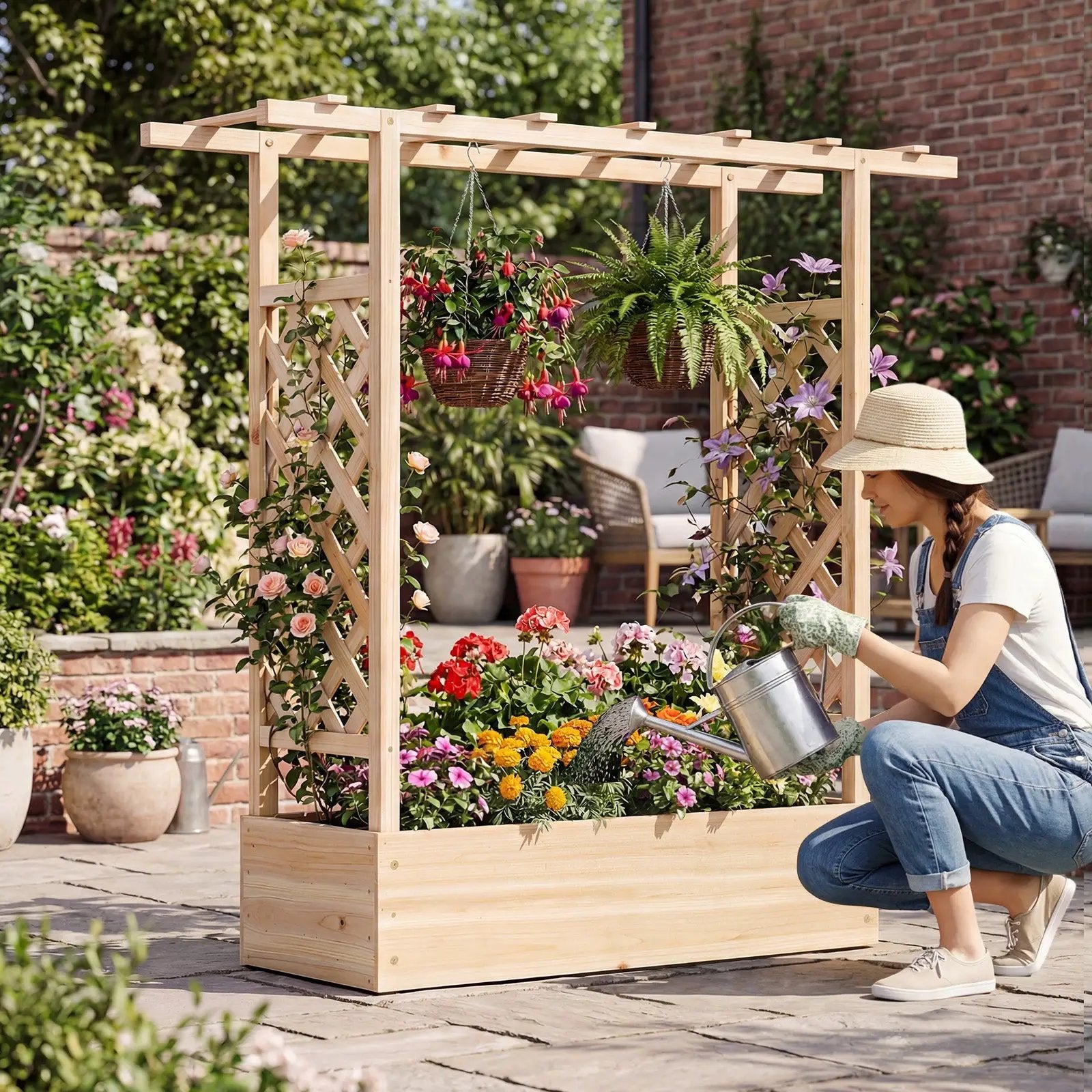 45 inch Tall Wooden Raised Garden Bed with Side Trellis and Hanging Roof by DirectDeals