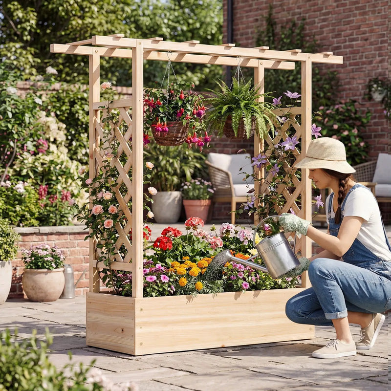 45 inch Tall Wooden Raised Garden Bed with Side Trellis and Hanging Roof by DirectDeals
