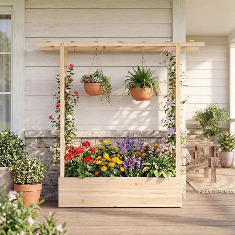 45 inch Tall Wooden Raised Garden Bed with Side Trellis and Hanging Roof by DirectDeals