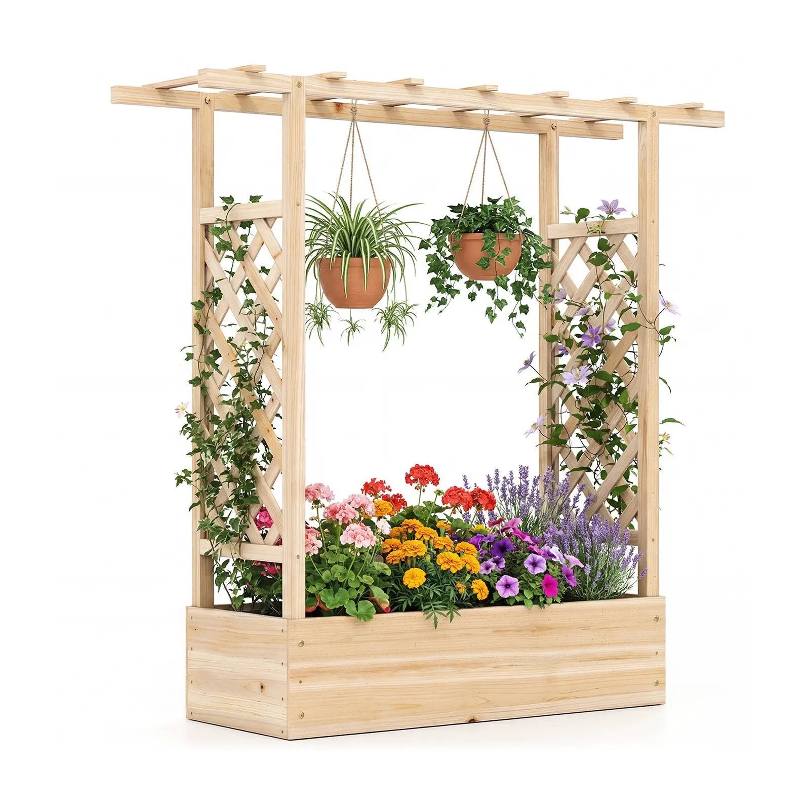 45 inch Tall Wooden Raised Garden Bed with Side Trellis and Hanging Roof by DirectDeals