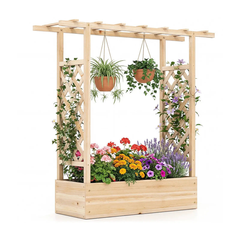 45 inch Tall Wooden Raised Garden Bed with Side Trellis and Hanging Roof by DirectDeals