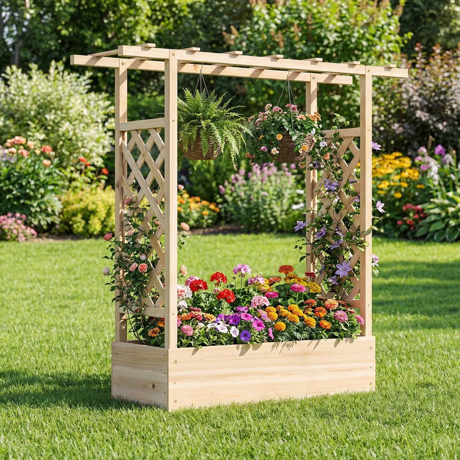 45 inch Tall Wooden Raised Garden Bed with Side Trellis and Hanging Roof by DirectDeals