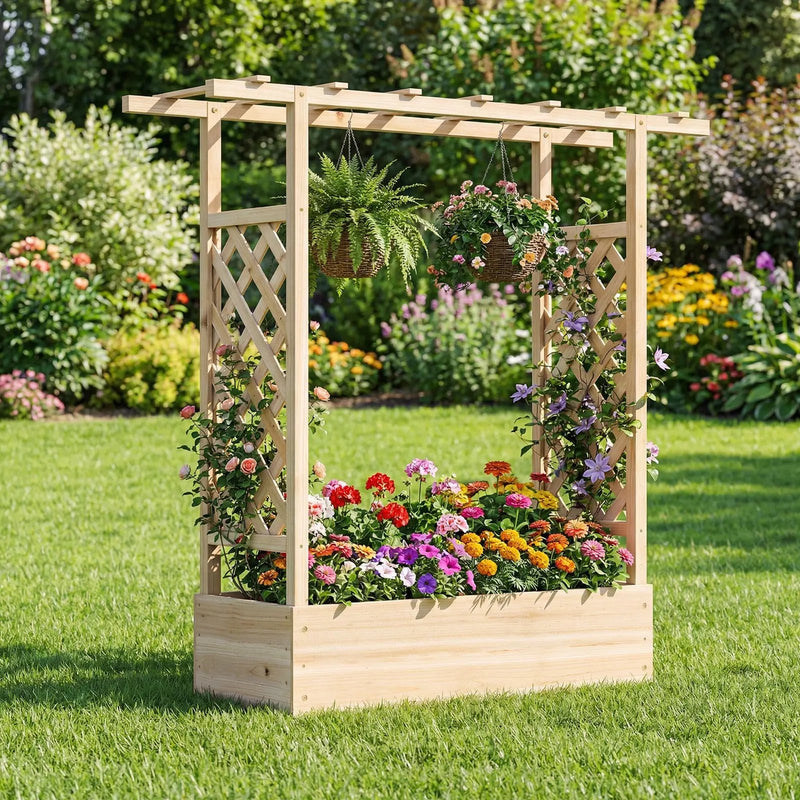 45 inch Tall Wooden Raised Garden Bed with Side Trellis and Hanging Roof by DirectDeals
