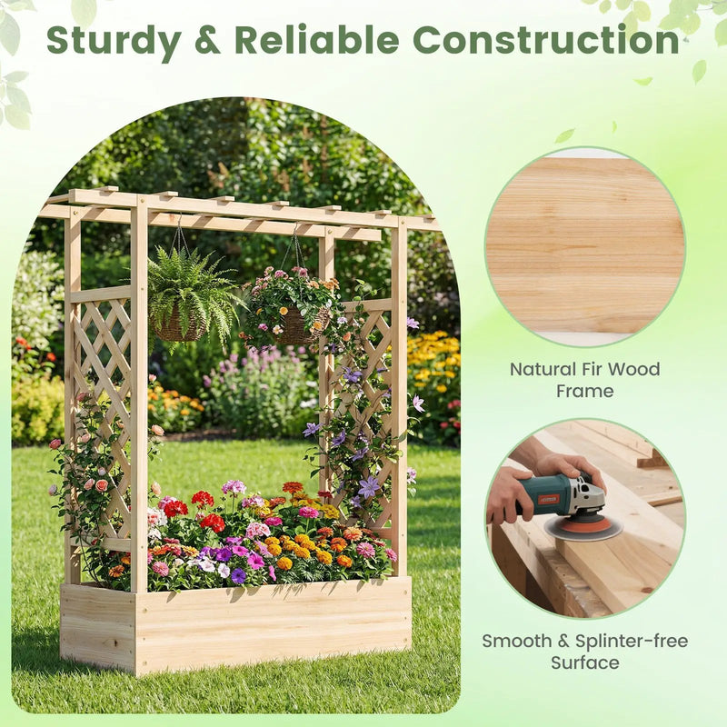 45 inch Tall Wooden Raised Garden Bed with Side Trellis and Hanging Roof by DirectDeals