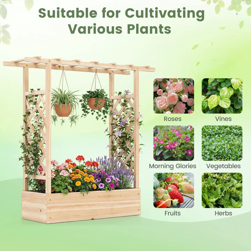 45 inch Tall Wooden Raised Garden Bed with Side Trellis and Hanging Roof by DirectDeals