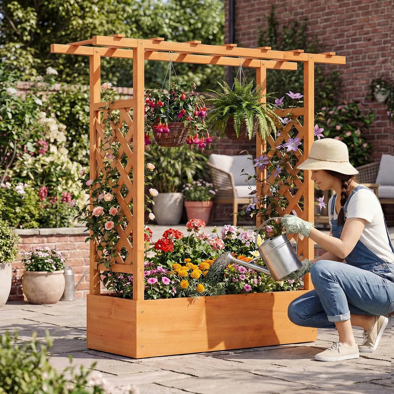 45 inch Tall Wooden Raised Garden Bed with Side Trellis and Hanging Roof by DirectDeals