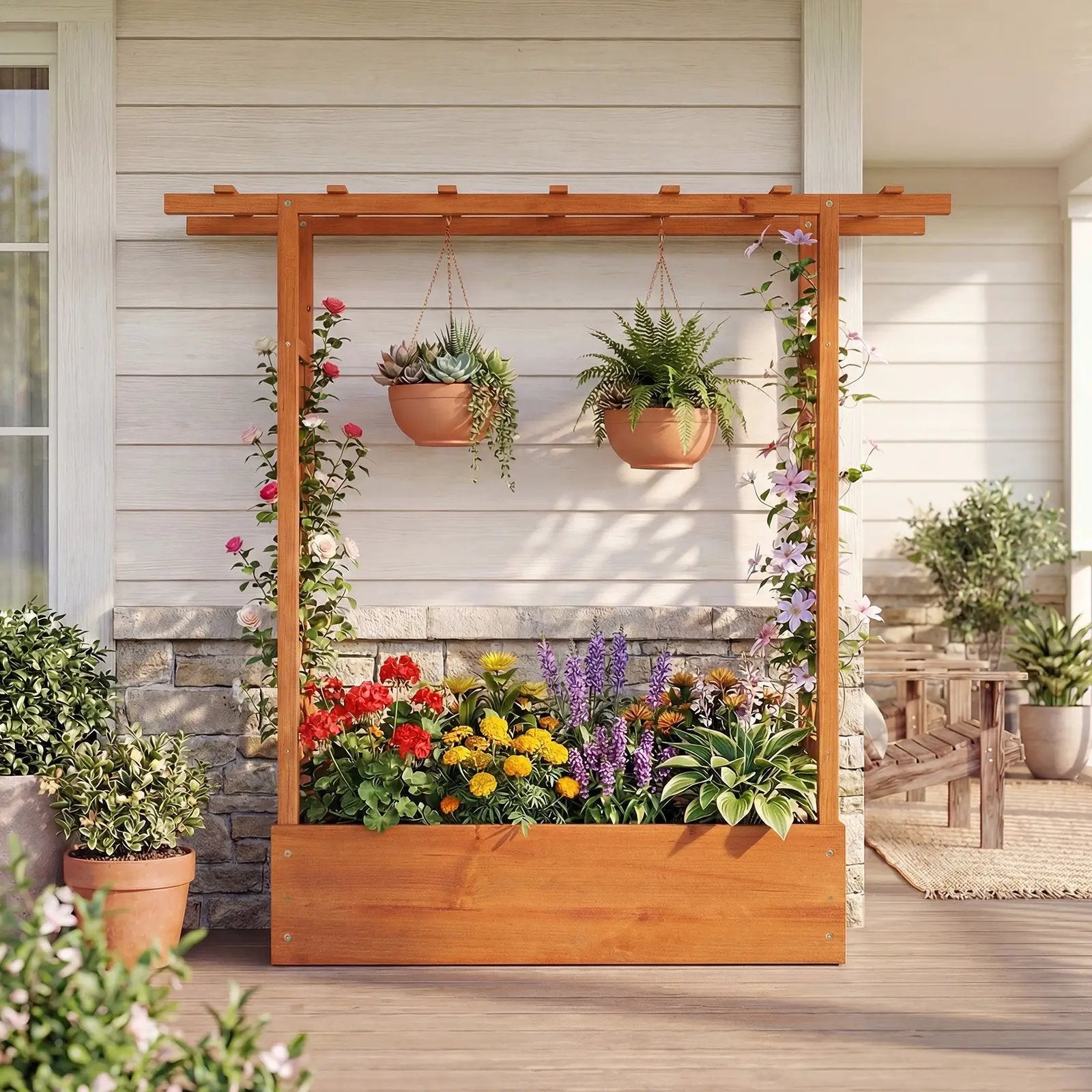 45 inch Tall Wooden Raised Garden Bed with Side Trellis and Hanging Roof by DirectDeals