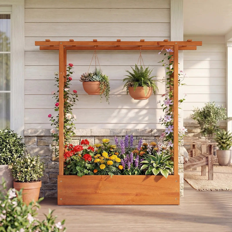 45 inch Tall Wooden Raised Garden Bed with Side Trellis and Hanging Roof by DirectDeals