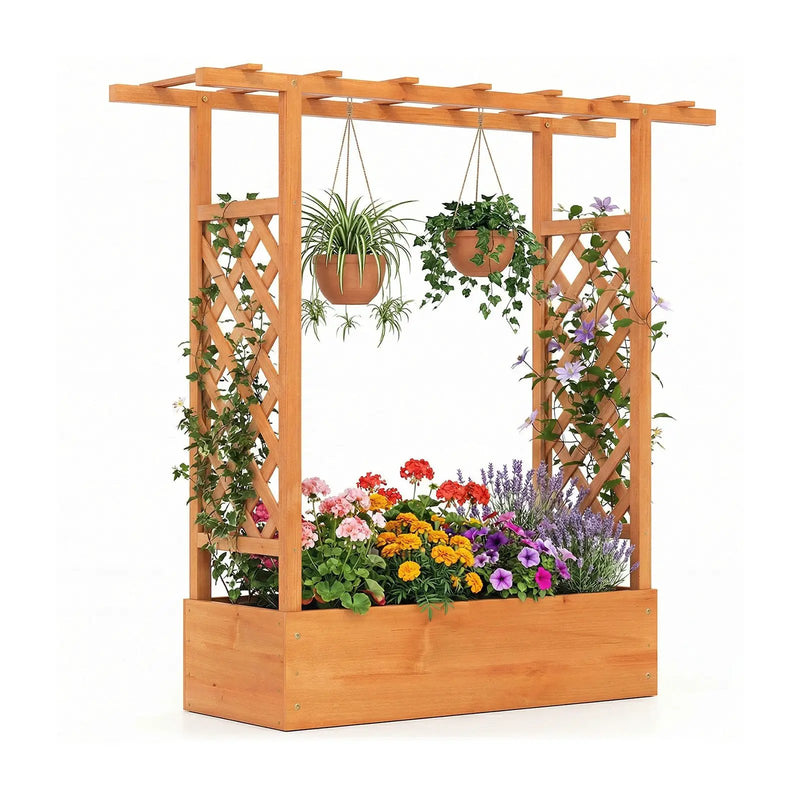 45 inch Tall Wooden Raised Garden Bed with Side Trellis and Hanging Roof by DirectDeals