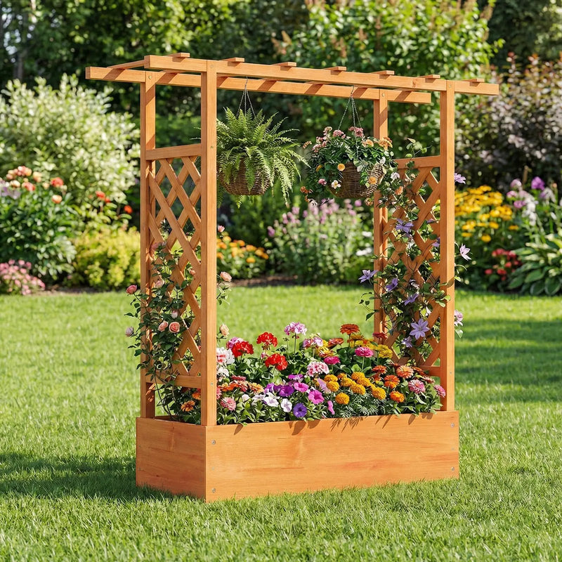 45 inch Tall Wooden Raised Garden Bed with Side Trellis and Hanging Roof by DirectDeals