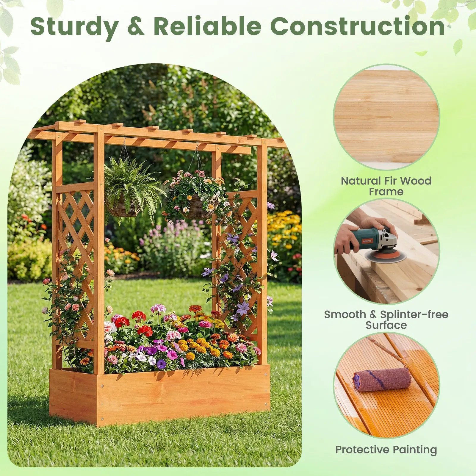 45 inch Tall Wooden Raised Garden Bed with Side Trellis and Hanging Roof by DirectDeals