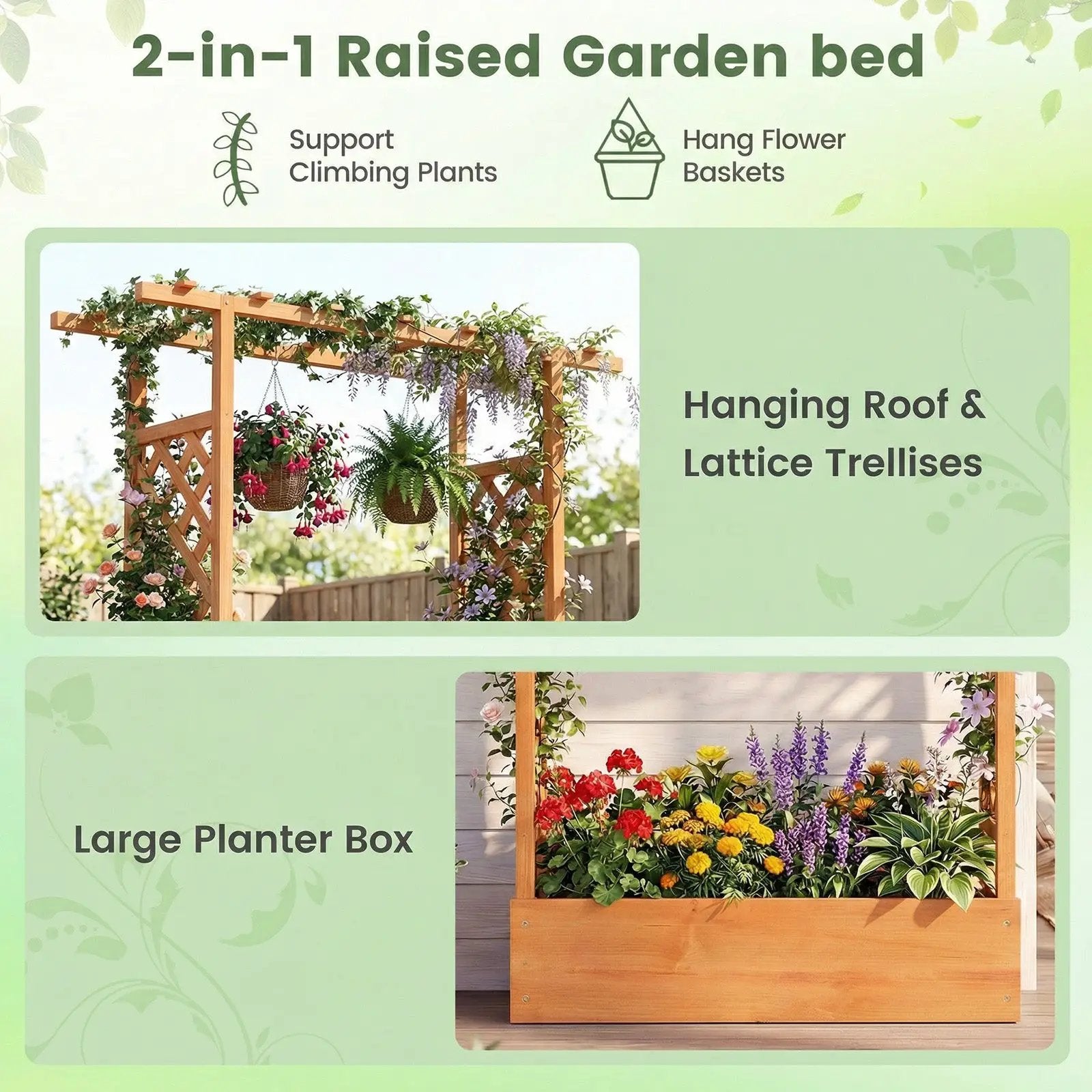 45 inch Tall Wooden Raised Garden Bed with Side Trellis and Hanging Roof by DirectDeals