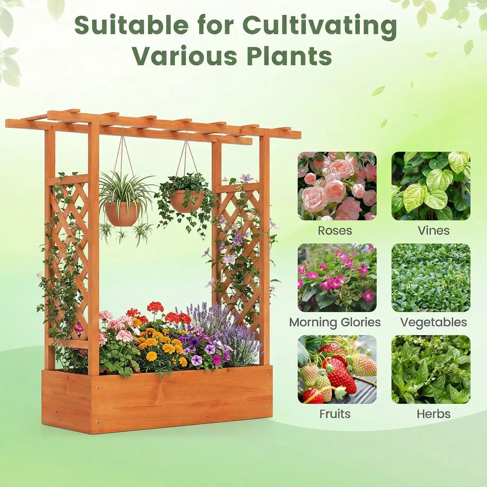 45 inch Tall Wooden Raised Garden Bed with Side Trellis and Hanging Roof by DirectDeals