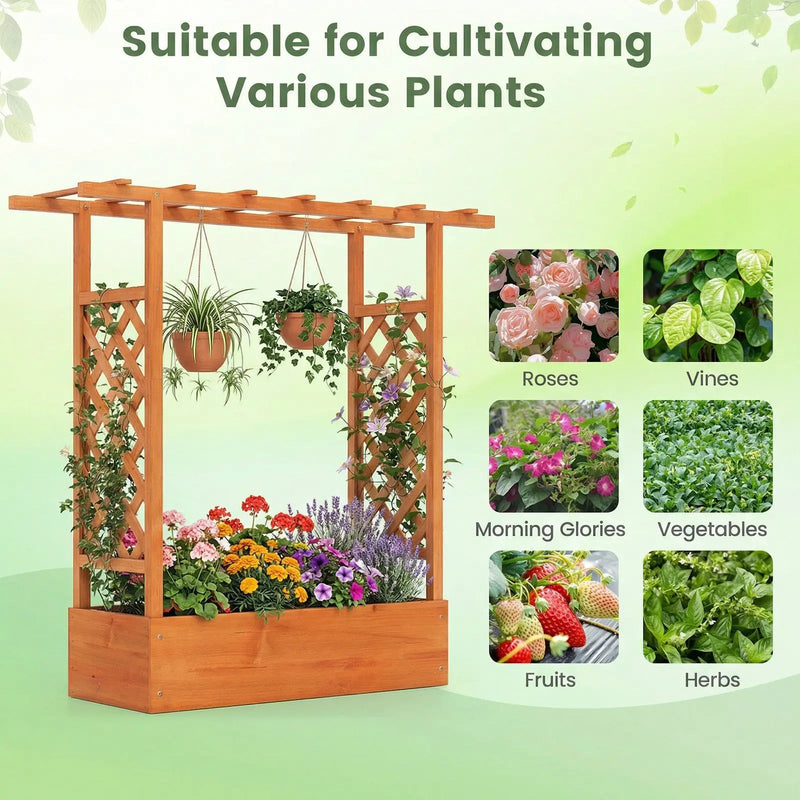 45 inch Tall Wooden Raised Garden Bed with Side Trellis and Hanging Roof by DirectDeals