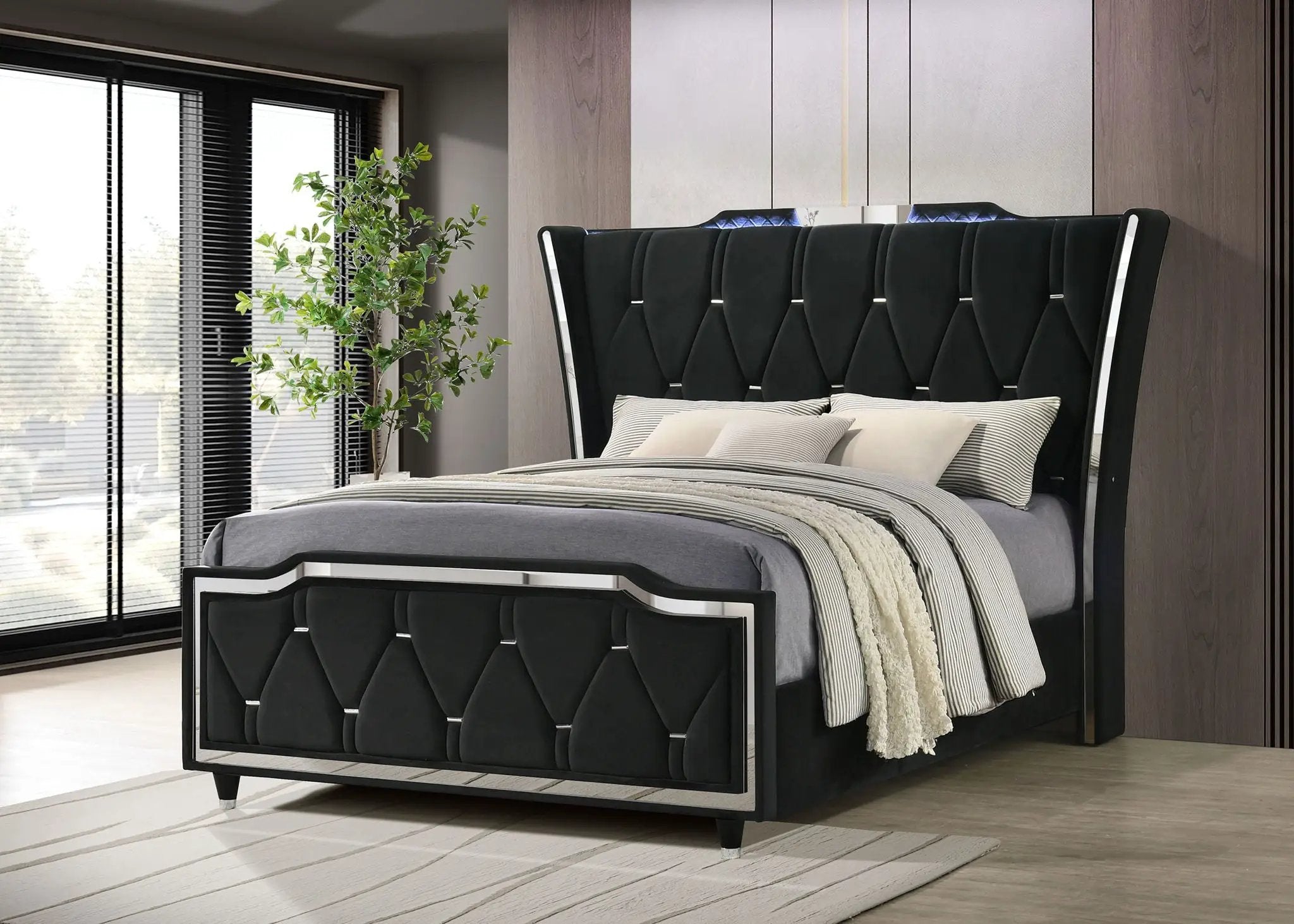 Lorient Queen LED Upholstered Wingback Bed Black by Unique Piece Furniture