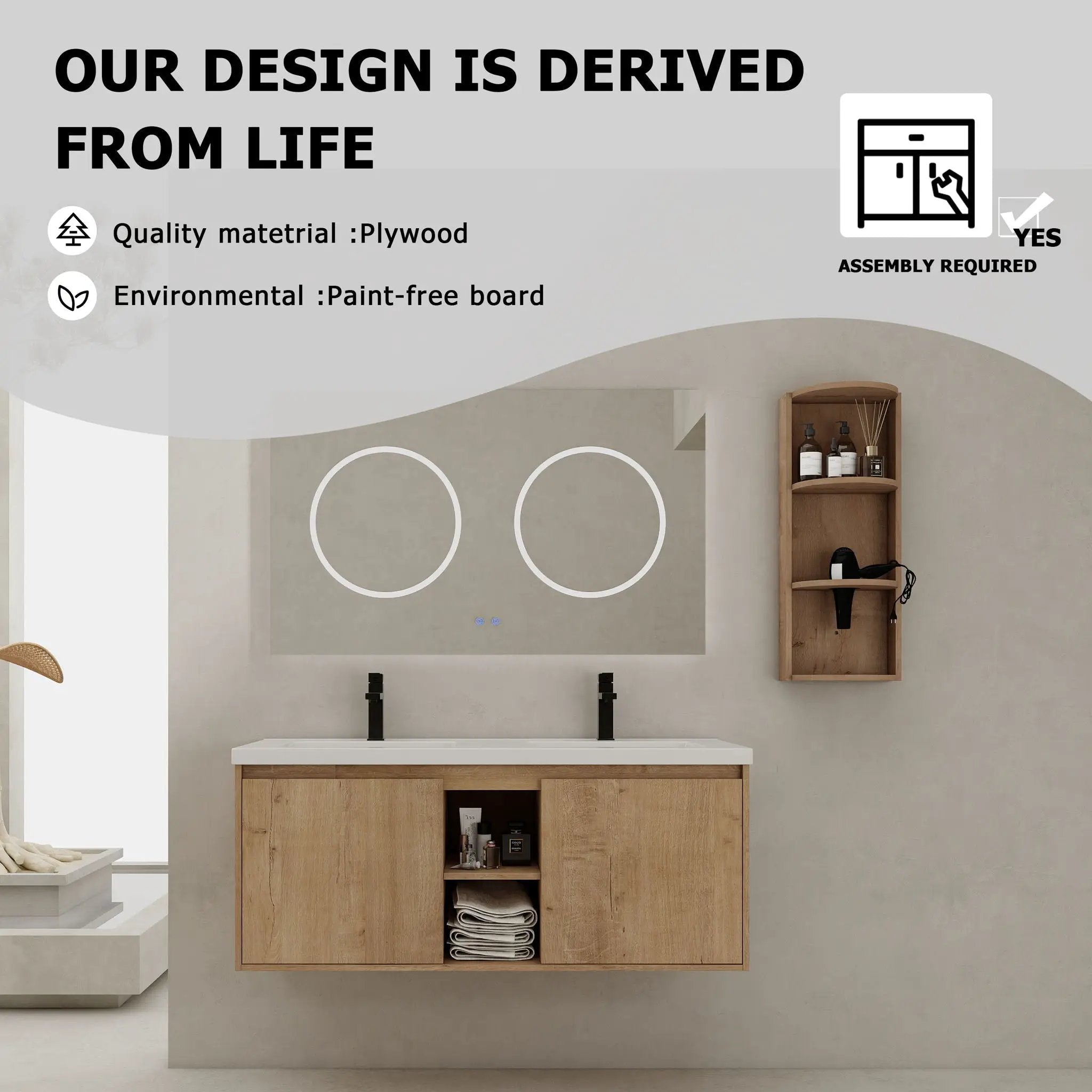 48" Wall Mounted Bathroom Vanity With Double Resin Sink And Storage Rack Soft Close Doors Plywood Construction - Imitative Oak by HouseOfZazla