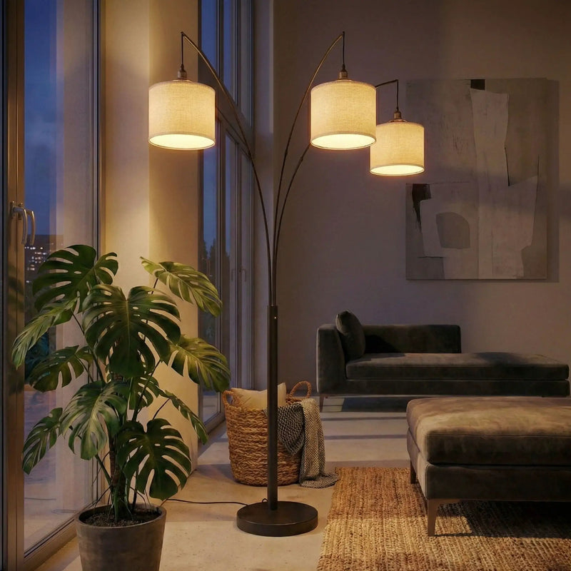 Royal - 3 Arm Arc Floor Lamp, Oil Rubbed Bonze With Linen Shade, 4 Way Rotary Switch - Oil-Rubbed Bronze by Unique Piece Furniture