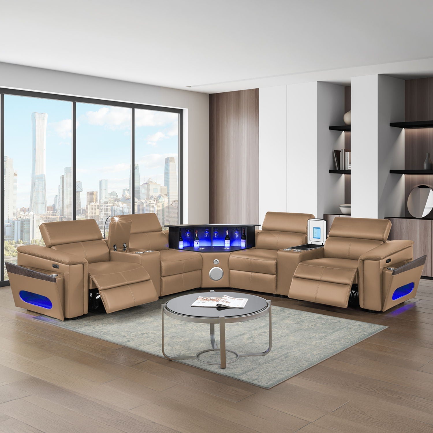Nova - Sectional With Bluetooth Speaker, LED And Lifting Wine Cabinet by HouseOfZazla