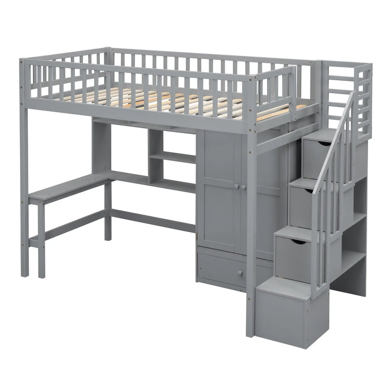 Loft Bed With Bookshelf, Drawers, Desk, And Wardrobe