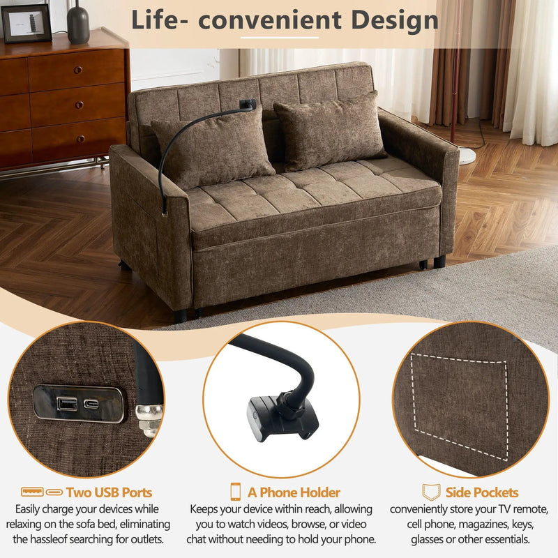 Pull-Out Sleeper Sofa With Reversible Backrest Cushion, Side Pockets, 2 USB Ports And A Phone Holder For Living Room by Unique Piece Furniture