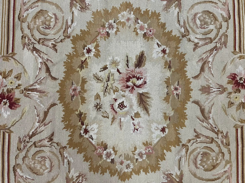 Aubusson Needlepoint Rug 4x5 ft, Beige and Tan, Aubusson Savonnerie Vintage Carpet, Handwoven Handmade Wool Rug, European Design Floral Rose by Jewel Rugs