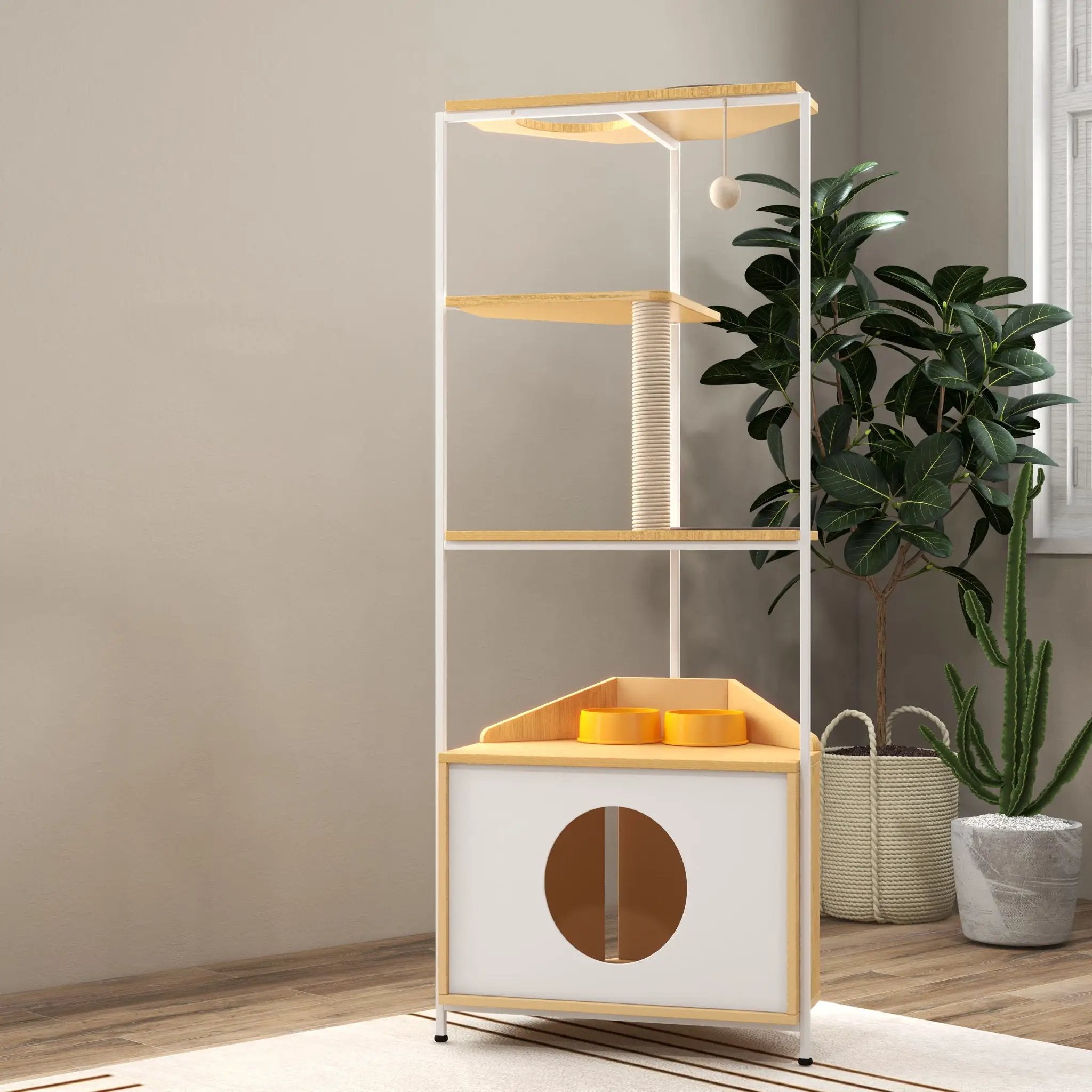 Corner Cat Tower, Cat Tree With Scratching Post, Cat Condo With Feeding Station And Climbing Platforms, Pet Furniture For Indoor Cats - White / Light Oak by HouseOfZazla