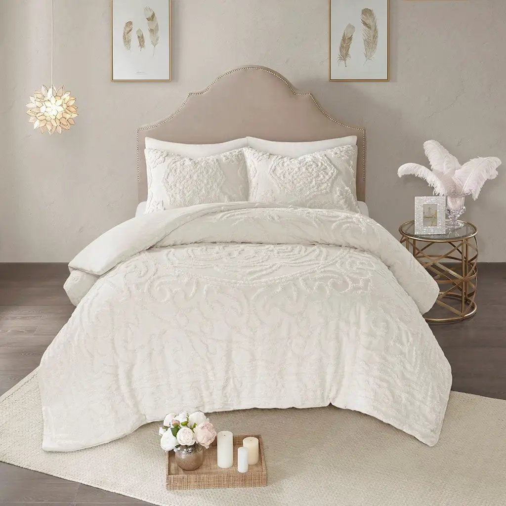 King/Cal King 3-Piece Tufted Cotton Chenille Medallion Duvet Cover Set by HouseOfZazla