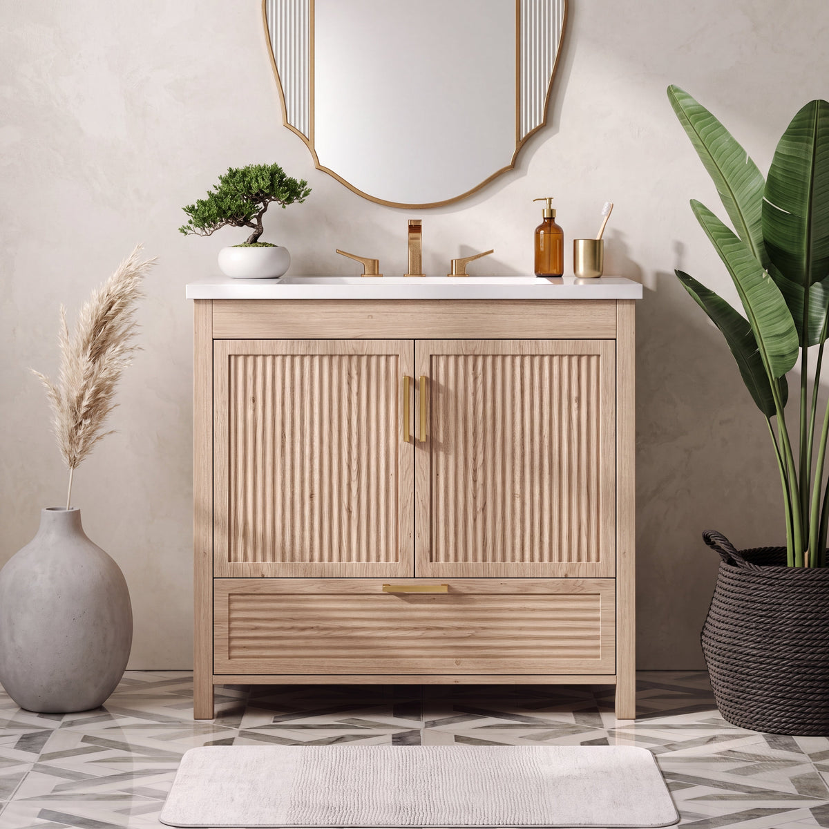 36 Inch Bathroom Vanity with Wave Fluted Panels and Resin Sink - Light Oak