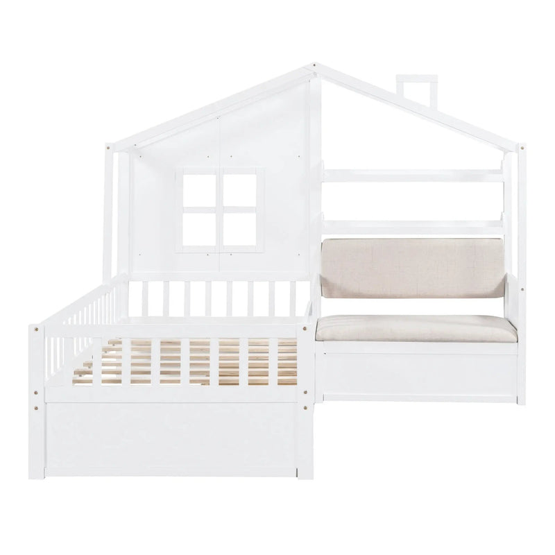 House Bed With Sofa, Kids Platform Bed With 2 Drawers And Storage Shelf by HouseOfZazla