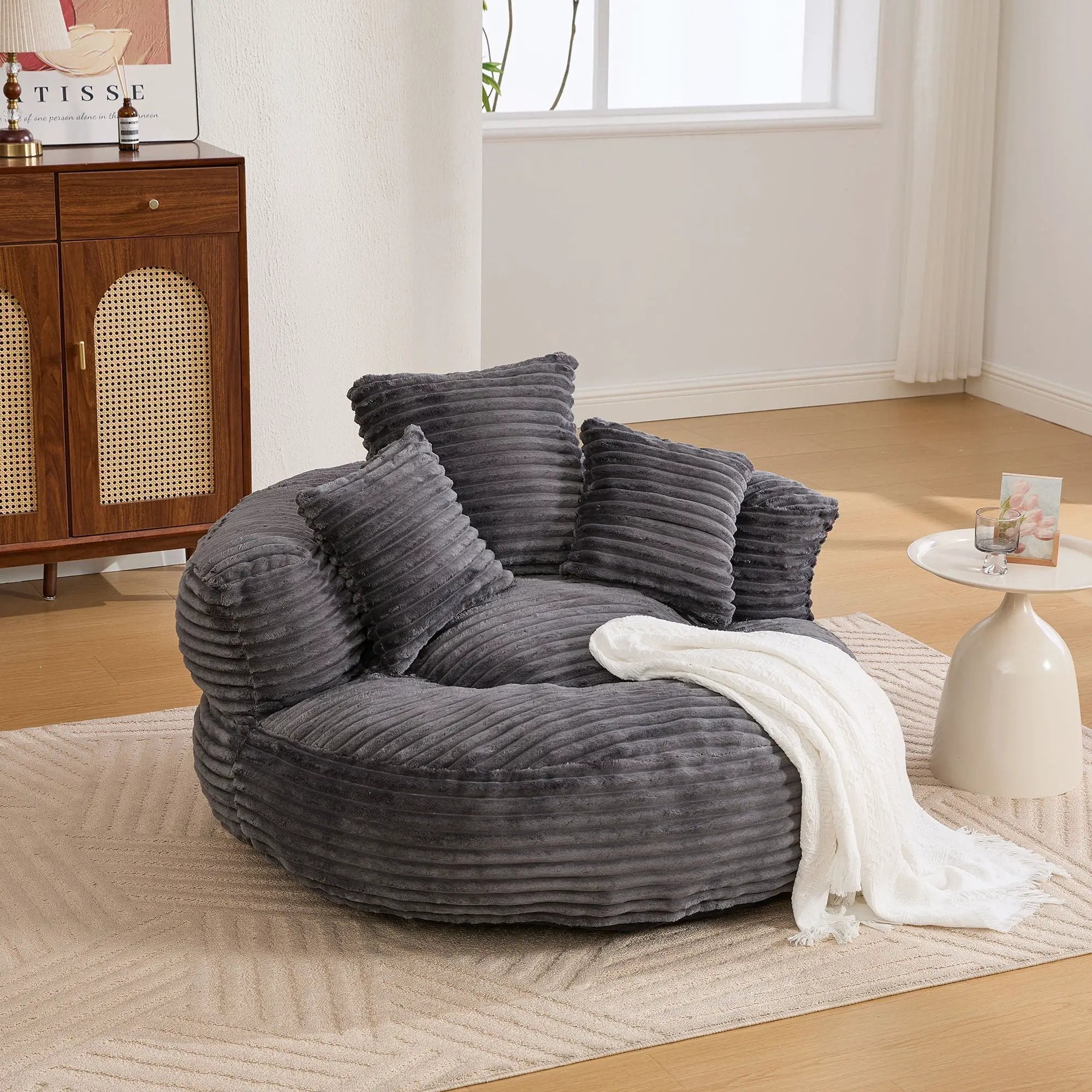 Oversized Bean Bag Chair With 3 Pillows & Armrest - Dark Gray by Unique Piece Furniture