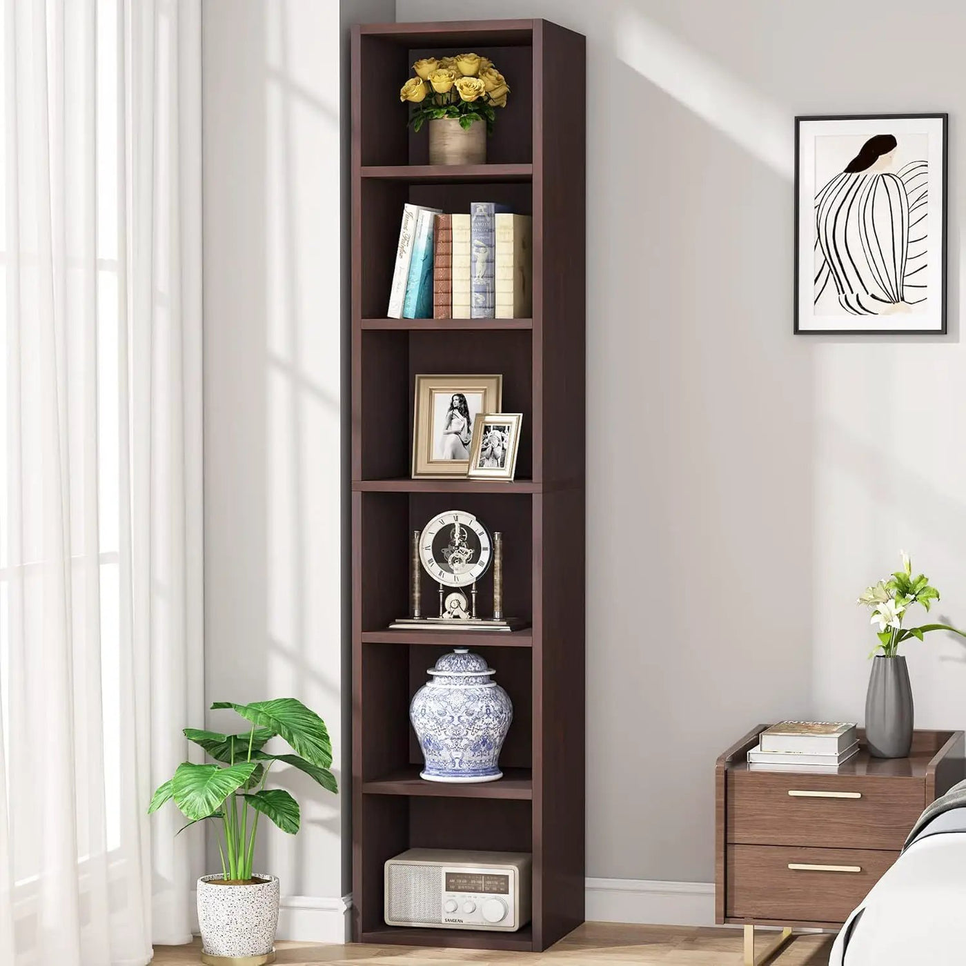 6 Tier Narrow Corner Cube Bookcase Storage, Freestanding Shelf With Open Cubes For Living Room by HouseOfZazla