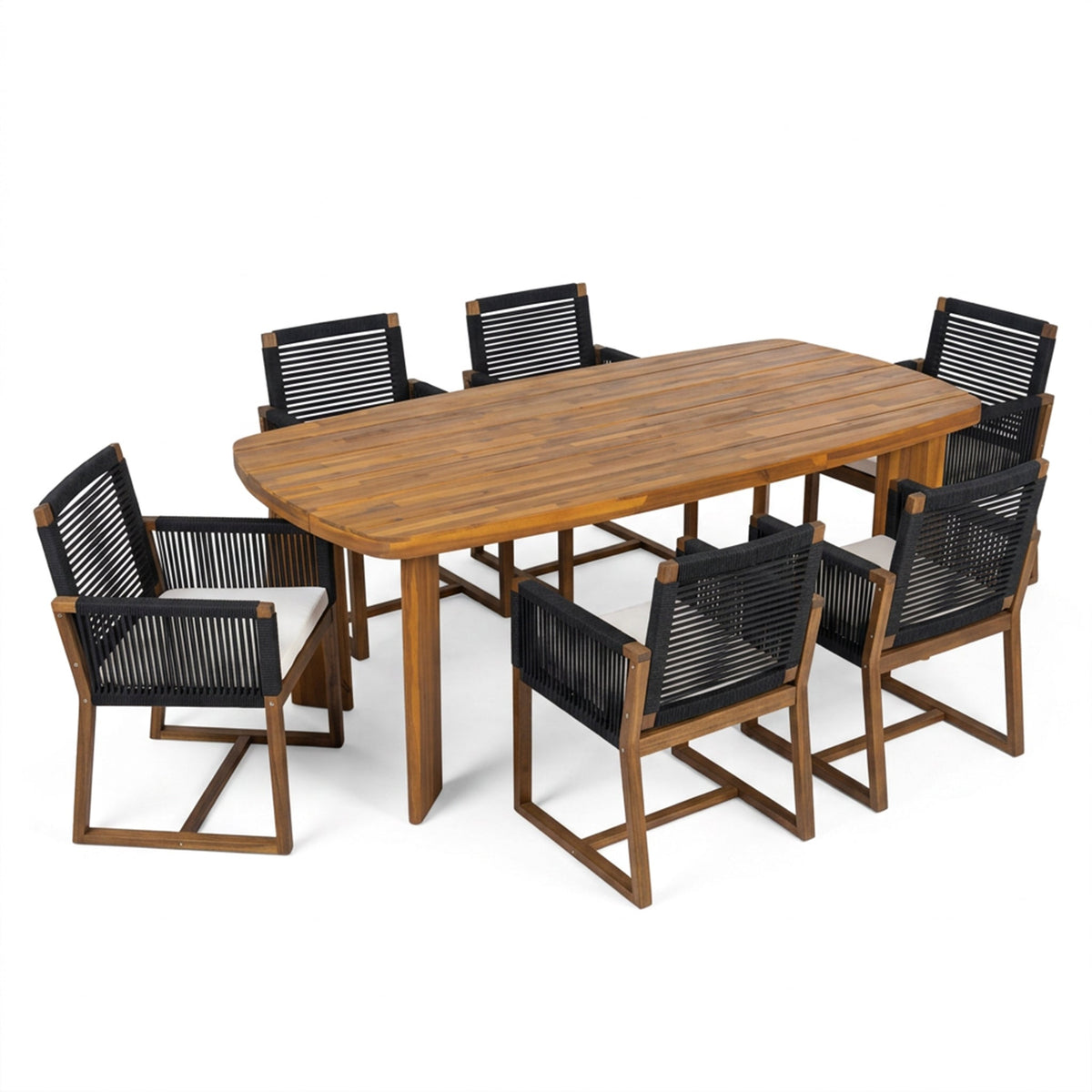 7-Piece Acacia Wood Outdoor Dining Set with Cushioned Arm Chairs - Teak Finish, photo 8 of 10