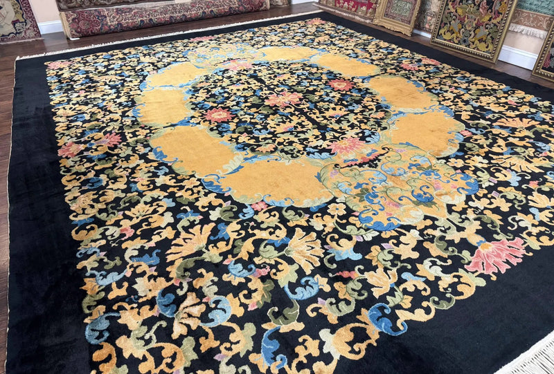 Antique Chinese Peking Rug 12.6 x 14.9, Palace Size Asian Oriental Carpet, Art Deco Rug, Rare by Jewel Rugs