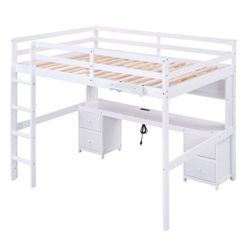 Full Size Loft Bed With Desk, Cabinets, Drawers, Charging Station And Bedside Tray, Sturdy Frame, No Box Spring Required - White by HouseOfZazla