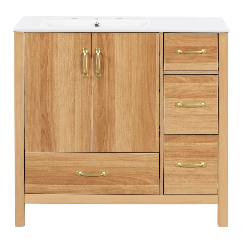 36" Bathroom Vanity, 2 Soft Close Doors, 4 Soft Close Drawers, Adjustable Shelf, Storage Cabinet - Acacia Wood by Unique Piece Furniture