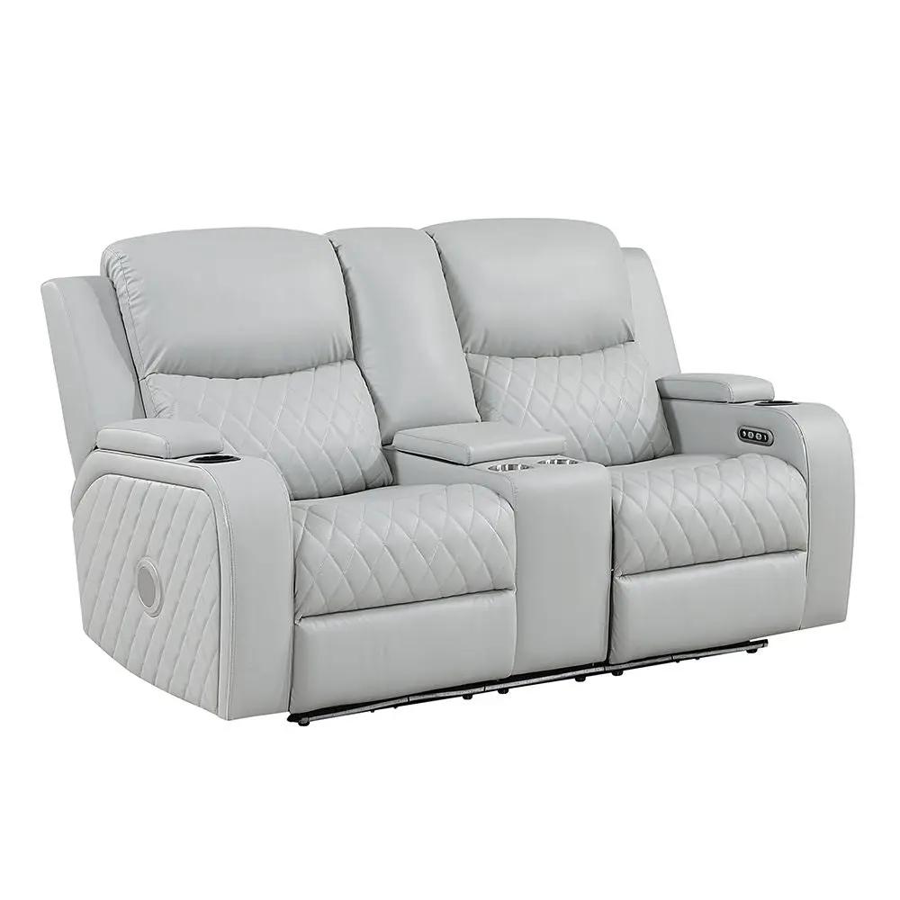 Elonzo - Power Motion Loveseat With Console, LED, Power Headrest & Speaker - Light Gray by Unique Piece Furniture