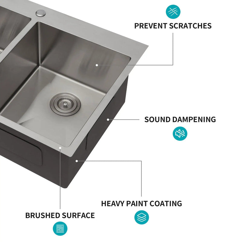 Double Bowl Drop In Sink, Stainless Steel With 50 / 50 Basins 18 Gauge - Brushed Nickel by HouseOfZazla